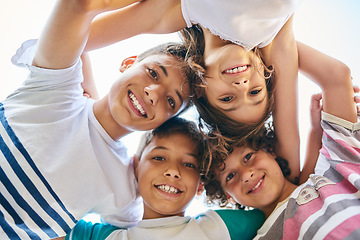 Image showing Face, children and family circle or a group of happy siblings together or huddled in solidarity and smiling outdoors. Hug, brothers and sisters or excited kids play or bonding and united outside