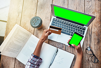 Image showing Woman, hands and credit card on technology with green screen in ecommerce, payment or purchase above at cafe. Top view of female person hand holding phone and laptop mockup display in online shopping