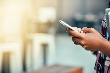 Image showing Woman, hands and phone of student on social media for communication, texting or networking at campus. Hand of female person or university learner typing or chatting on mobile smartphone app on mockup