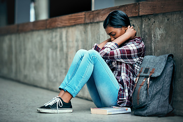 Image showing Student, anxiety and woman with burnout, university and depression with mental health issues, problems and frustration. Female person, academic or girl with backpack, stress or headache with deadline