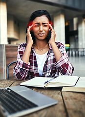 Image showing Woman, student and headache in stress, burnout or anxiety from overworked or studying at campus. Stressed female person or university learner suffering bad head pain, strain or ache with study books