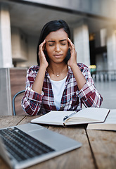 Image showing Woman, student and headache in stress, anxiety or burnout from overworked or studying at campus. Stressed and tired female person at university with bad head pain, strain or ache with study books