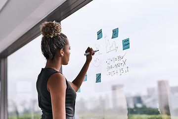 Image showing Creative, brainstorming and business woman writing on glass for planning, strategy and mission in office. Idea, management and female person with sticky note for growth, development and solution