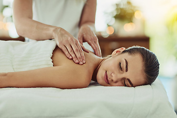 Image showing Relax, therapy and massage with woman in spa for wellness, luxury and healing treatment. Skincare, peace and zen with female customer and hands of therapist for beauty salon, calm and detox