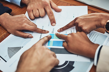 Image showing Business people, hands and pointing to document in meeting for analytics, data or company statistics at office. Hand of employee group in corporate team analysis, paperwork or planning at workplace