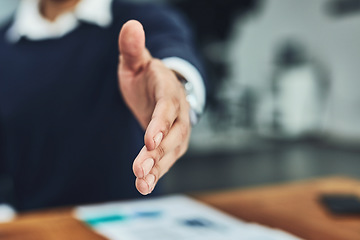 Image showing Businessman, handshake and meeting for introduction, deal or agreement at the office. Man employee shaking hands for greeting, welcome or hiring in recruitment for business growth at the workplace