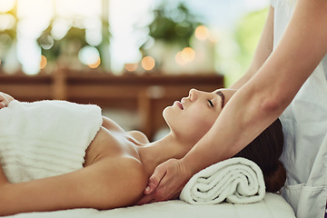 Image showing Luxury, beauty and massage with woman in spa for wellness, relax and cosmetics treatment. Skincare, peace and zen with female customer and hands of therapist for physical therapy, salon and detox