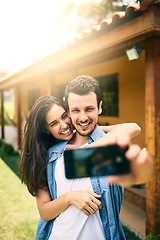 Image showing Happy couple, hug and smile for selfie, profile picture or photo together in social media vlog outdoors. Man and woman hugging and smiling for memory, online post or capture outside their home