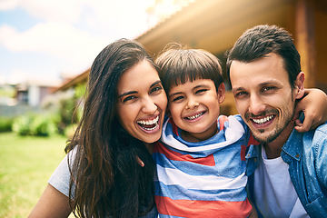 Image showing Happy family, portrait smile and hug for fun bonding, joy and relaxing together on holiday weekend outdoors. Mother, father and child face smiling and hugging in joyful happiness outside their house