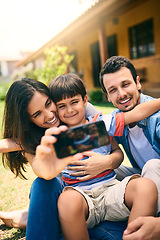 Image showing Happy family, relax and smile for selfie, profile picture or photo in social media vlog outside home. Mother, father and child smiling for fun memory, online post or holiday weekend break together