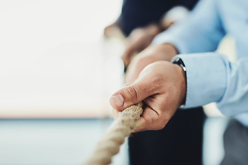 Image showing Hand, rope and business people, tug of war and team building, collaboration with competition and mockup space. Corporate conflict resolution, challenge and teamwork with employees in workplace