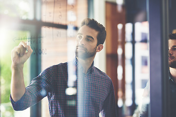 Image showing Planning, board and businessman brainstorming in the office while doing research for a corporate strategy. Professional, writing and male employee working on a company project in workplace boardroom.