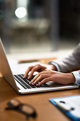 Image showing Laptop, email and hands of a person at a desk for work, internet and connection at night. Business, corporate and a secretary or receptionist typing on a computer for late admin online in an office