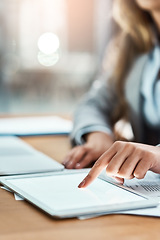 Image showing Tablet, screen mockup and woman hands for business research, data analytics or website management at night. Typing, press and professional person on digital technology, internet space and app mock up