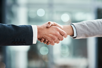 Image showing Business people, handshake and partnership meeting, welcome and introduction or job agreement and success. Professional man, partner or corporate clients shaking hands in thank you, interview or deal