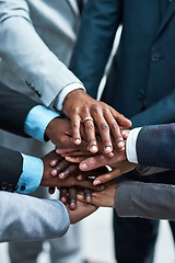 Image showing Hands together, business and group of people for support, target or teamwork, collaboration goals and diversity. Circle, diversity and corporate person or employees stacked sign, success and mission