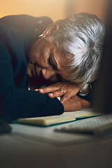 Image showing Tired, night and businesswoman sleeping in office to complete deadline corporate project. Stress, fatigue and mature professional female employee with burnout taking nap working overtime in workplace