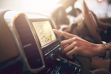 Image showing Hand, screen and map navigation in car for person on travel, driving and transportation with typing. Closeup, driver and online search for location with digital touchscreen, road trip and transport