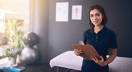 Image showing Physiotherapist, woman or portrait of chiropractor ready for physiotherapy or health consultation. Chiropractic or physical therapy worker with clipboard for check up to evaluate reflexology in body