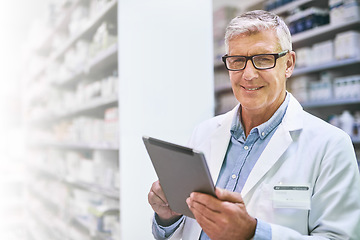 Image showing Pharmacist, portrait and senior man on tablet for stock, inventory and medical information notes. Medicine, checklist and face of elderly male in a pharmacy online for pills and prescription