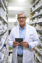 Image showing Portrait, pharmacy and senior man on tablet for stock, inventory and medical information notes. Medicine, checklist and face of happy elderly male pharmacist online for pills and prescription