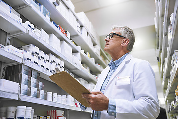 Image showing Pharmacy, medicine and documents with man and clipboard in store for checklist, inspection and inventory. Medical, healthcare and pills with senior male pharmacist in clinic for wellness and product