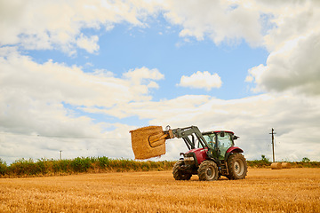 Image showing Straw, agriculture and a tractor on a farm for sustainability on an open field during the spring harvest season. Nature, sky and clouds with a red agricultural vehicle harvesting hay in a countryside