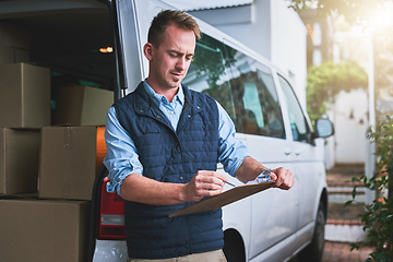 Image showing Documents, delivery and a courier man with his van, checking a clipboard for an order or address. Logistics, ecommerce and supply chain with a male driver reading an inventory checklist for shipping