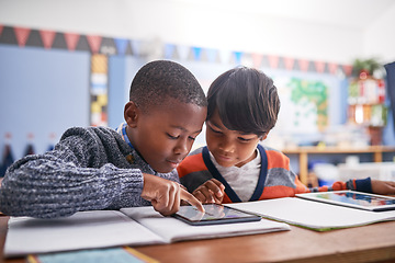 Image showing Digital tablet, school and students in classroom doing research for work, test or exam. Technology, education and boy children friends working on project or assignment together with mobile on campus.