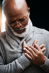 Image showing Hands on chest, heart attack and elderly black man with medical emergency in home. Pain, cardiology and African male person with cardiac arrest, heartburn or stroke, problem or retirement health risk