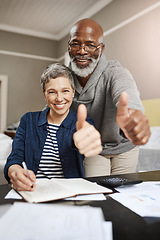 Image showing Thumbs up, portrait and senior couple planning, asset management and financial success, winning or thank you. Happy face, finance or interracial people, woman or partner like, yes or ok hands at home