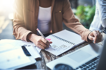 Image showing Hands, writing and notebook with business woman, coffee shop and planning with notes, ideas or creativity. Businesswoman, pen and book with report, problem solving or remote work for proposal at cafe