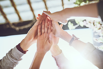 Image showing Business people, hands and high five for teamwork, success or winning in unity or collaboration outdoors. Group touching hand in agreement, meeting or team building in win together at the workplace