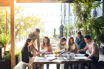 Image showing Creative business people, meeting and planning in team collaboration, strategy or discussion for startup. Group of employee workers in teamwork, documents and project plan together at the workplace