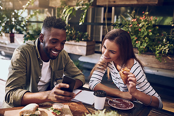 Image showing Restaurant, happy and black man and woman with phone for social media, internet and online website. Coffee shop, communication and friends on smartphone laugh at meme, talking and chat at breakfast