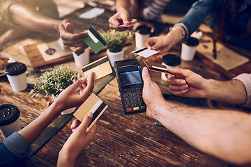 Image showing Hands, payment and friends in a cafe, credit card and share bill with offering, online transactions and machine. Closeup, group and people in a restaurant, remote banking and technology with service