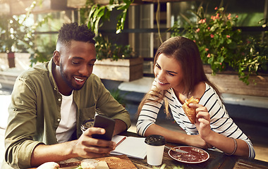 Image showing Restaurant, friends and black man and woman with phone for social media, internet and online website. Coffee shop, communication and happy people bonding on smartphone reading text, message and chat