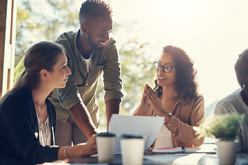 Image showing Business people, cafe and meeting with documents for planning, idea and sharing strategy. Coffee shop and creative person team collaboration on design at lunch or brainstorming solution at restaurant