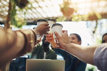 Image showing Collaboration, cheers and team with coffee in a meeting or discussion for a creative project in a cafe. Diversity, goals and professional employees with a latte for a toast to celebrate in restaurant