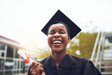 Image showing Portrait, smile and black woman with certificate, graduation and success with diploma, scholarship and college. Face, female person or student with happiness, university or knowledge with achievement