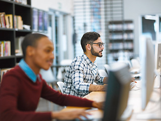 Image showing Education, university and students in computer library working or studying on desktop or doing exams on the portal and in college. Research, learning and scholar reading or academic and online course