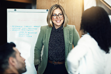 Image showing Presentation meeting, happy and business woman brainstorming, planning and report financial sales growth. Project management, success and manager speech, report or discussion with startup group