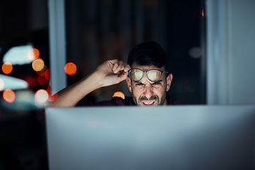 Image showing Night work, computer and confused businessman in glasses or frustrated with screen, online communication or 404 error. Man, face and reading eyewear or late working with stress, monitor and fail