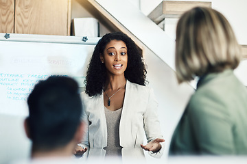 Image showing Presentation meeting, speaker and business woman talking, planning and giving proposal, report or strategy plan. Project management, communication and biracial manager with sales pitch ideas