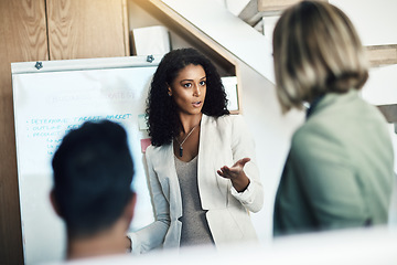 Image showing Presentation meeting, communication and woman talking, planning and giving proposal, report or strategy plan. Project management, teamwork and biracial manager, leader or boss with sales pitch ideas