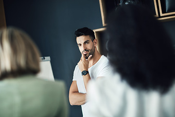 Image showing Presentation focus, business man and thinking of team strategy plan, office development project or planning sales ideas. Group meeting, audience and mentor contemplating coaching startup people