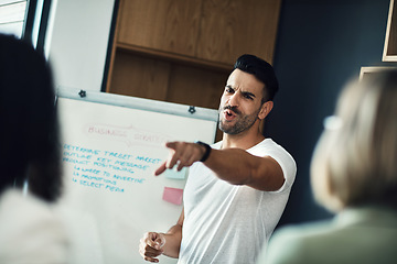 Image showing Business meeting, choice and man pointing at staff agent with success idea, answer or job promotion. Presentation whiteboard, gesture and person giving instruction, mentor speech or choose candidate