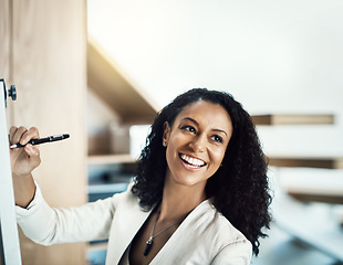 Image showing Board, writing and happy business woman planning strategy, office ideas or brainstorming startup plan. Whiteboard, research notes and face of person smile for entrepreneurship development project