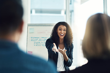 Image showing Business meeting, choice and excited woman gesture at staff agent with success idea, answer or job promotion. Presentation, winner and female leader happy for employee achievement, winning or plan