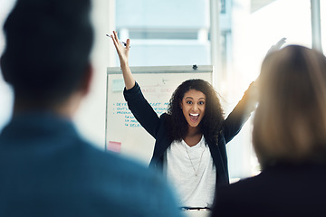 Image showing Presentation meeting, team leader or excited woman cheers for success idea, wow answer or job promotion winner. Congratulations, winning or happy celebration for person, business agent or achievement